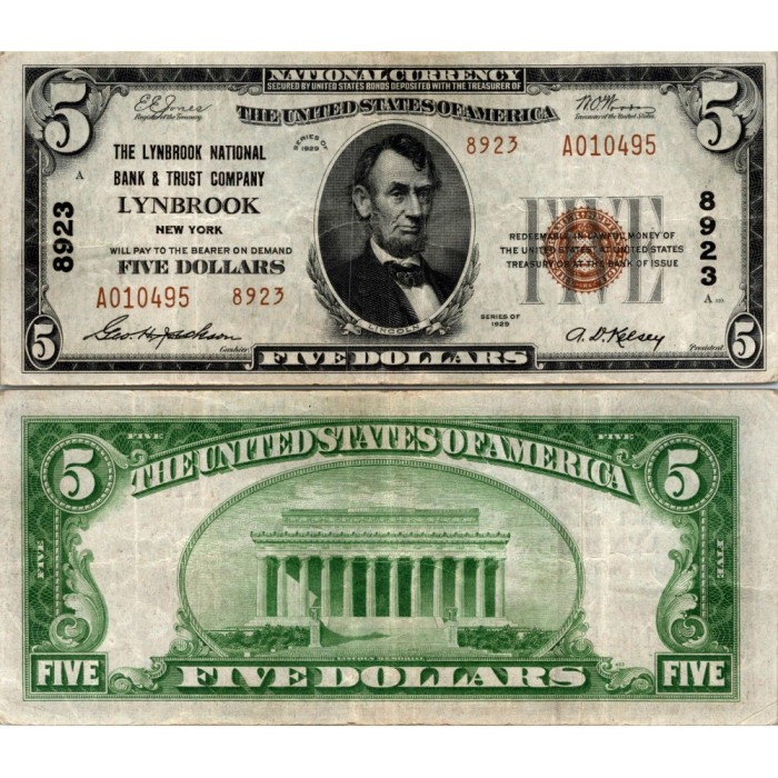 5 dollars National Bank - LYNBROOK - New York - Serie 1929 - A010495