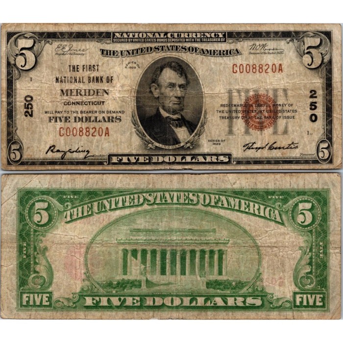 5 dollars National Bank - MERIDEN - Connecticut - Serie 1929 - C008820A