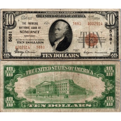 10 Dollars National Bank - SOMERSET - Kentucky - Serie 1929 - A002914
