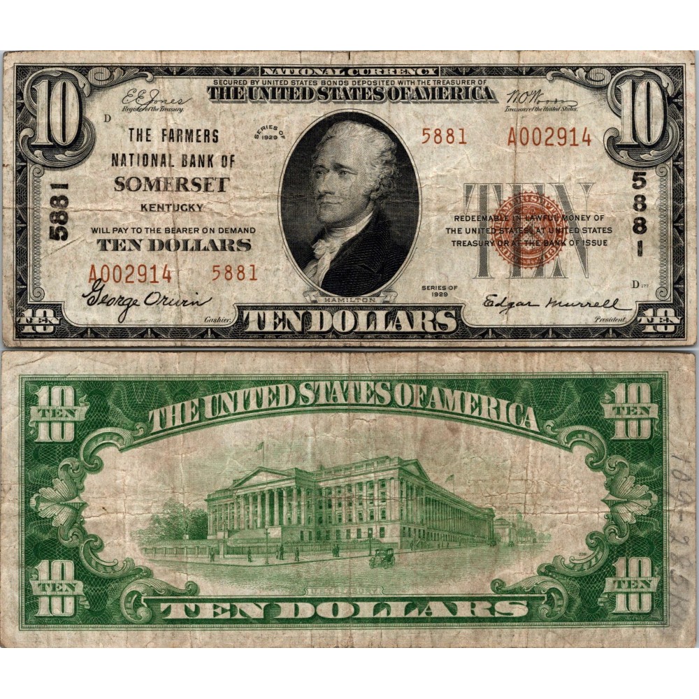 10 Dollars National Bank - SOMERSET - Kentucky - Serie 1929 - A002914