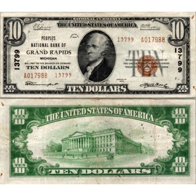 10 Dollars National Bank - GRAND RAPIDS - Michigan - Serie 1929 - A017988