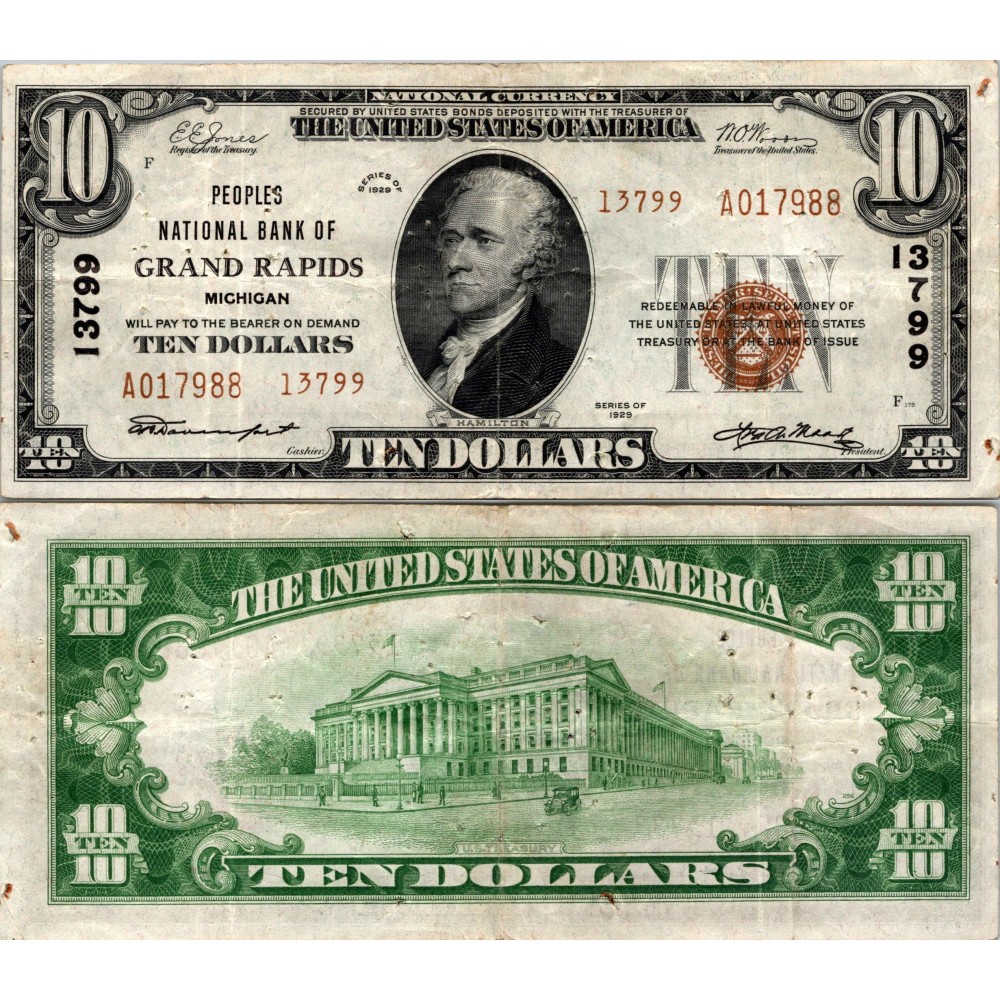 10 Dollars National Bank - GRAND RAPIDS - Michigan - Serie 1929 - A017988