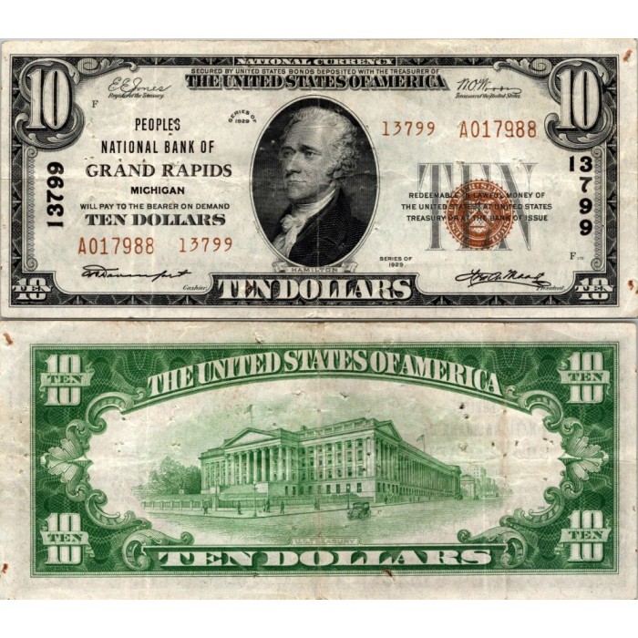 10 Dollars National Bank - GRAND RAPIDS - Michigan - Serie 1929 - A017988