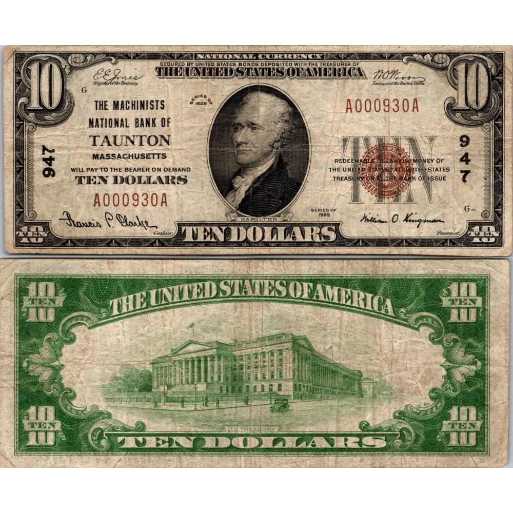 10 Dollars National Bank - TAUTON - Massachusetts - Serie 1929 - A000930A