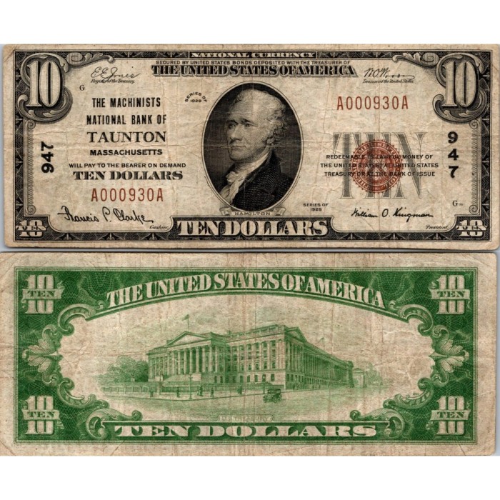 10 Dollars National Bank - TAUTON - Massachusetts - Serie 1929 - A000930A
