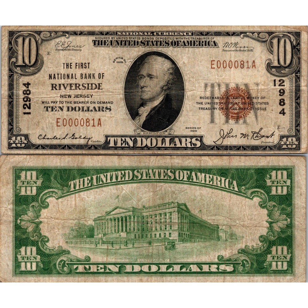 10 Dollars National Bank - RIVERSIDE - New Jersey - Serie 1929 - E000081A