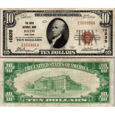 10 Dollars National Bank - BATH - New York - Serie 1929 - E000996A