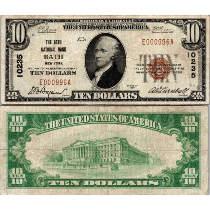 10 Dollars National Bank - BATH - New York - Serie 1929 - E000996A