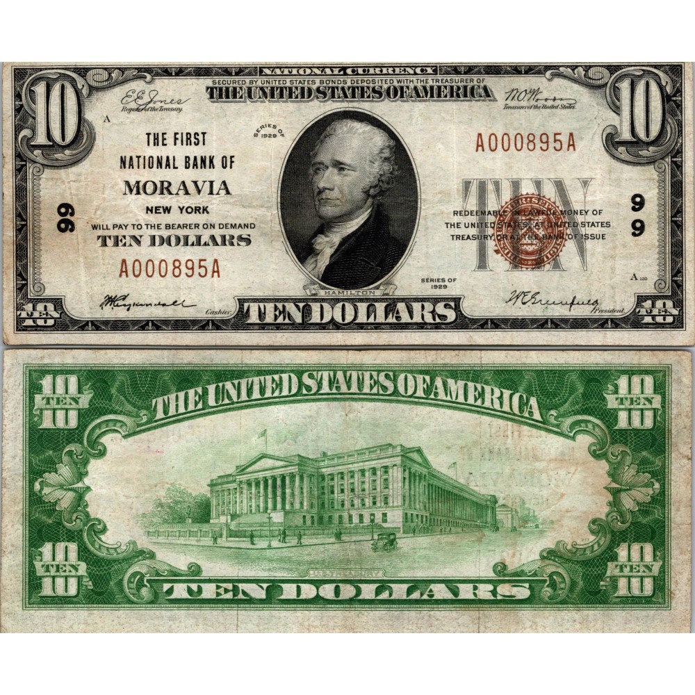 10 Dollars National Bank - MORAVIA - New York - Serie 1929 - A000895A