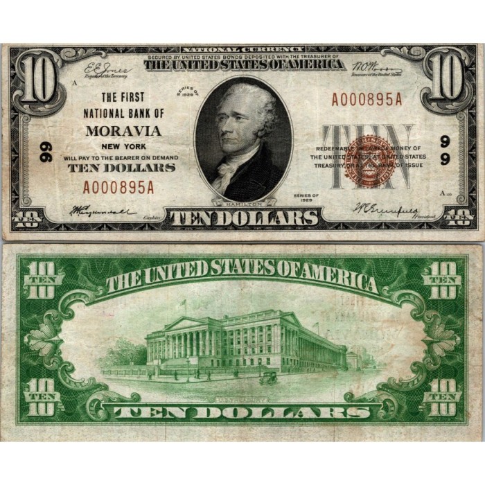 10 Dollars National Bank - MORAVIA - New York - Serie 1929 - A000895A