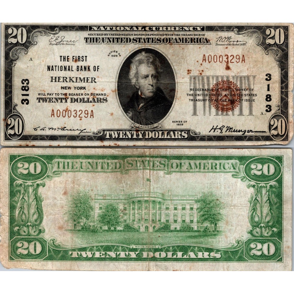 20 Dollars National Bank - HERKIMER - New York - Serie 1929 - A000329A