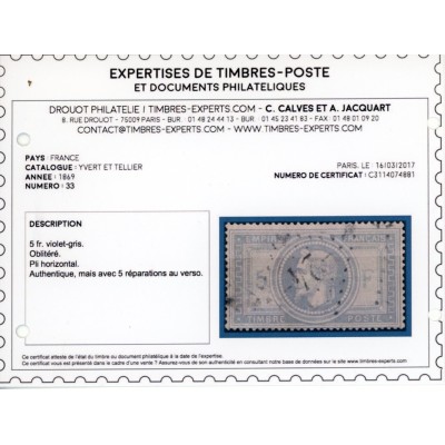 YT 33 - GC 24 - Aiguillon - Lot et Garonne (45) - Certificat Calves
