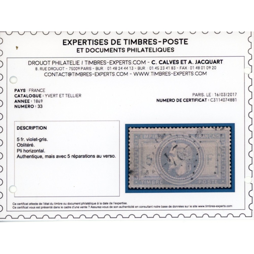 YT 33 - GC 24 - Aiguillon - Lot et Garonne (45) - Certificat Calves