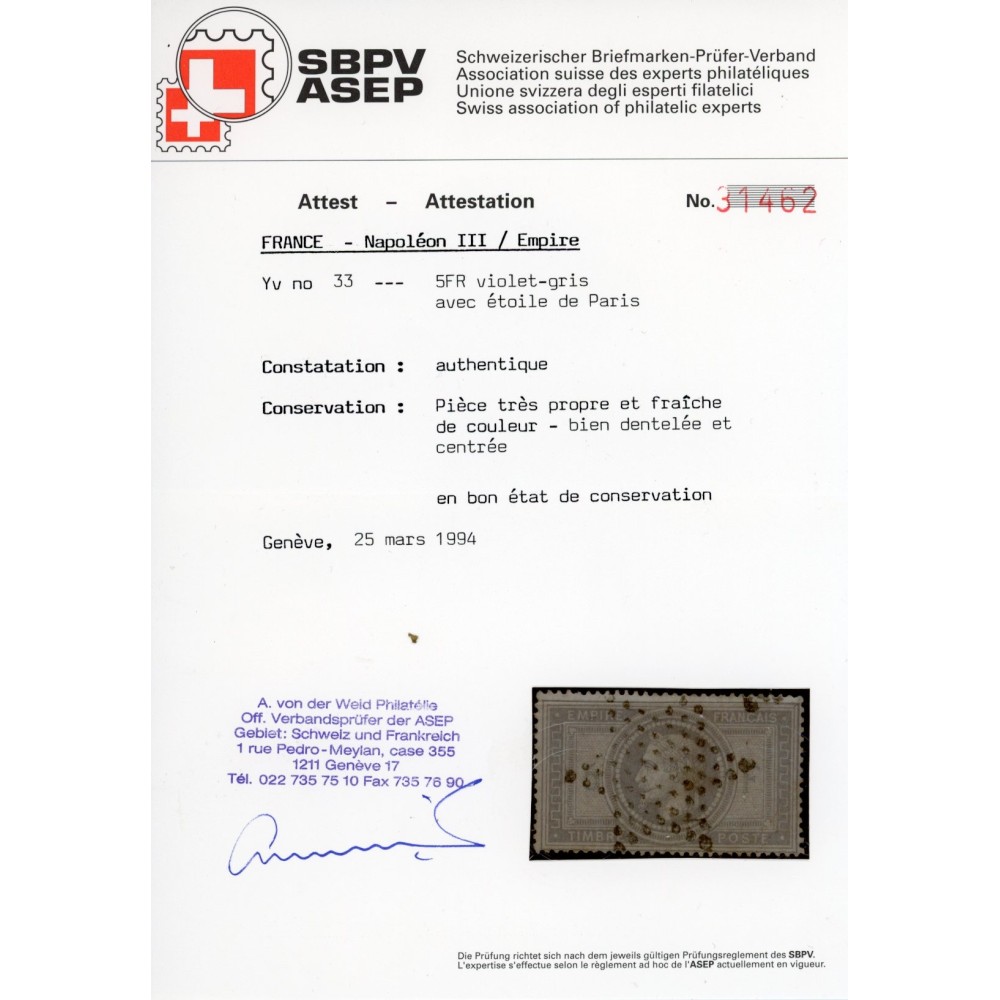YT 33 - Oblitéré Etoile - Certificat