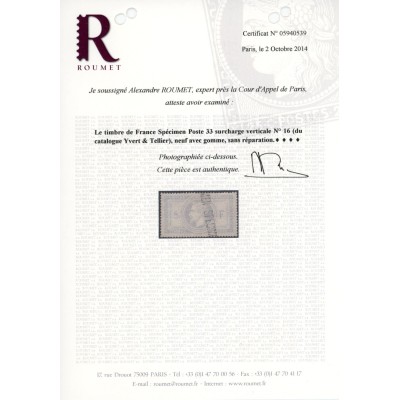 YT 33 - SPECIMEN Vertical - Neuf x - Signé Calves / Brun - Certificat