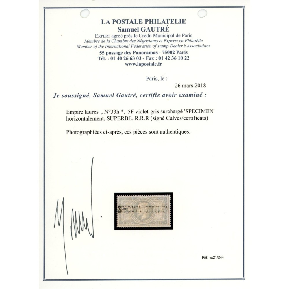 YT 33 - SPECIMEN Horizontal - Neuf x - Signé Calves / Roumet - Certificat