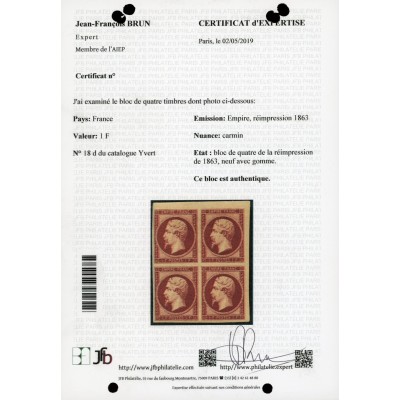 YT 18e - Neuf x - Réimpression - Bloc de 4 - Certificat