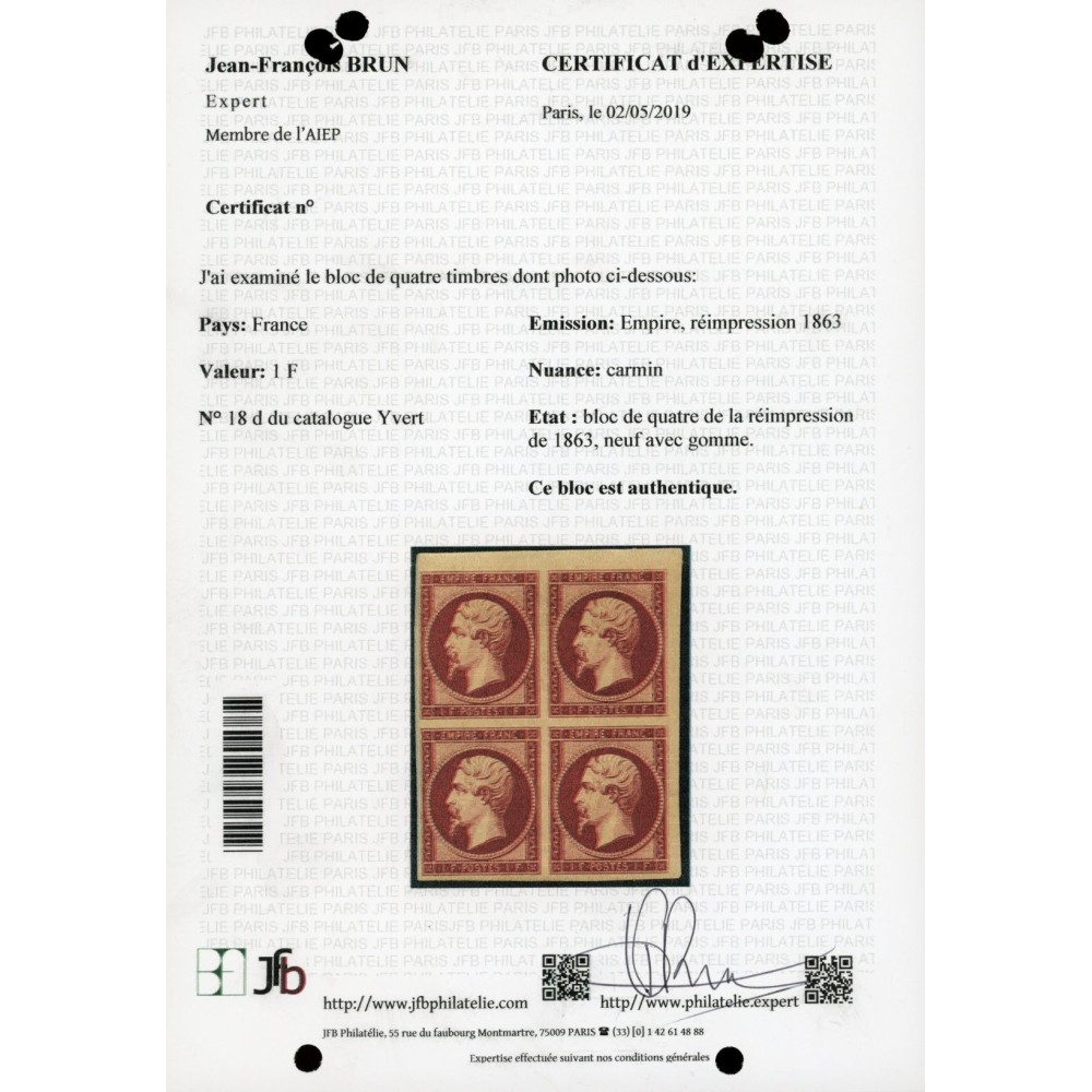YT 18e - Neuf x - Réimpression - Bloc de 4 - Certificat
