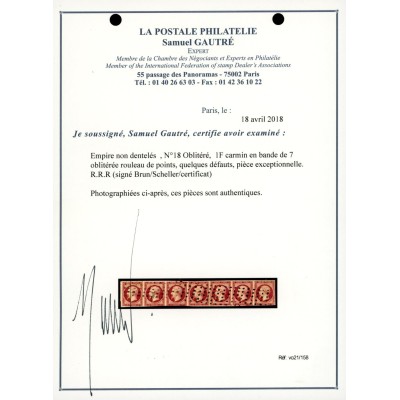 YT 18 - Bande de 7 - Oblitéré Gros Points - Signé Brun / Scheller - Certificat