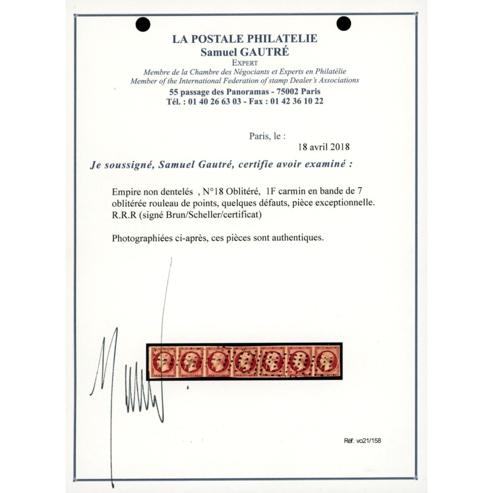 YT 18 - Bande de 7 - Oblitéré Gros Points - Signé Brun / Scheller - Certificat