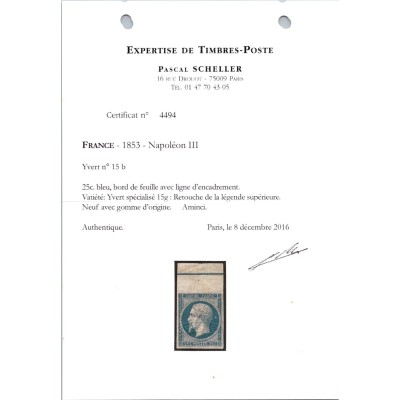 YT 15b - Neuf x - Filet d'encadrement - Certificat 4494