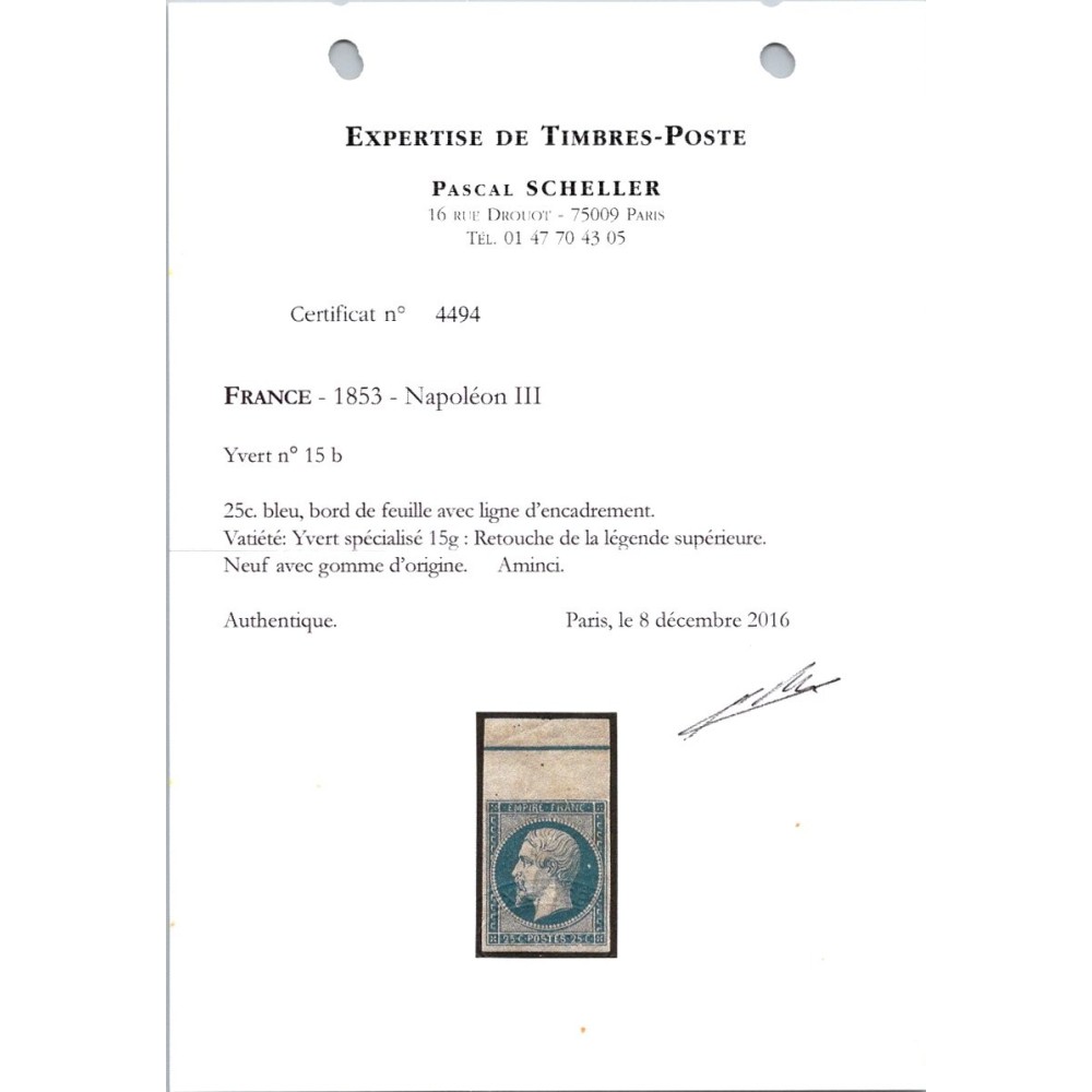 YT 15b - Neuf x - Filet d'encadrement - Certificat 4494