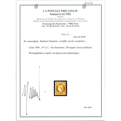 YT 1a - Neuf x Certificat VO 20/8