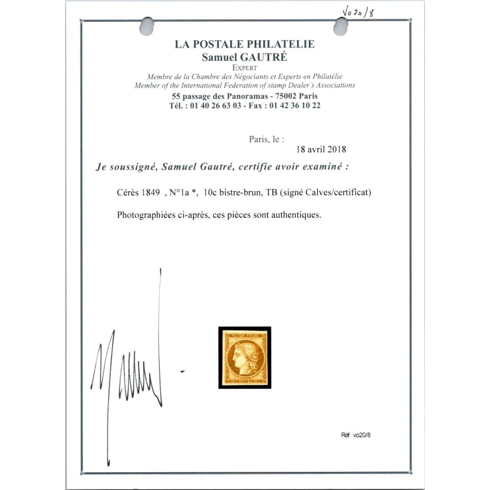 YT 1a - Neuf x Certificat VO 20/8