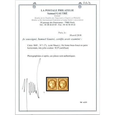 YT 1 - Neuf (x) Paire - Certificat VO 20/9