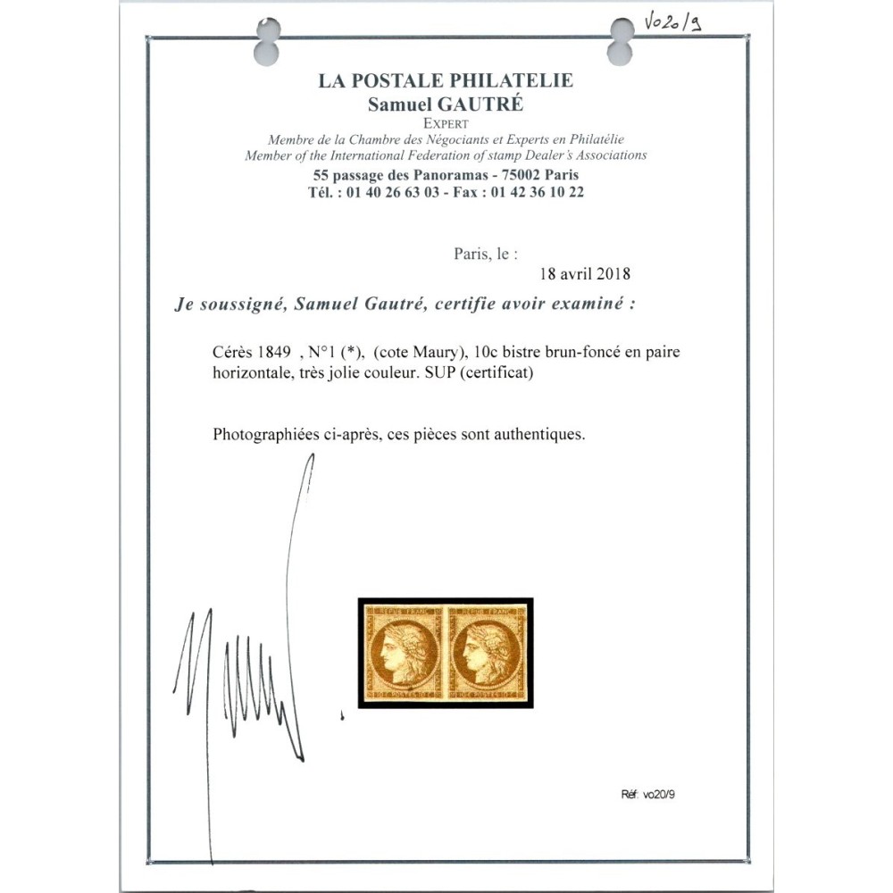 YT 1 - Neuf (x) Paire - Certificat VO 20/9