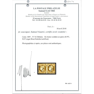 YT 1 - Oblitéré PC 1102 - Dijon - Côte d'Or (20) - Paire - Certificat CO 22/14