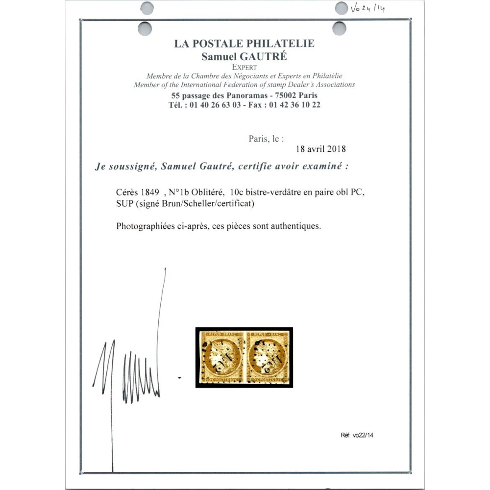 YT 1 - Oblitéré PC 1102 - Dijon - Côte d'Or (20) - Paire - Certificat CO 22/14