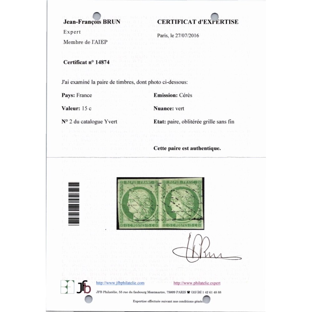 YT 2 - Oblitéré Grille sans fin - Paire - Signé Brun - Certificat 14874
