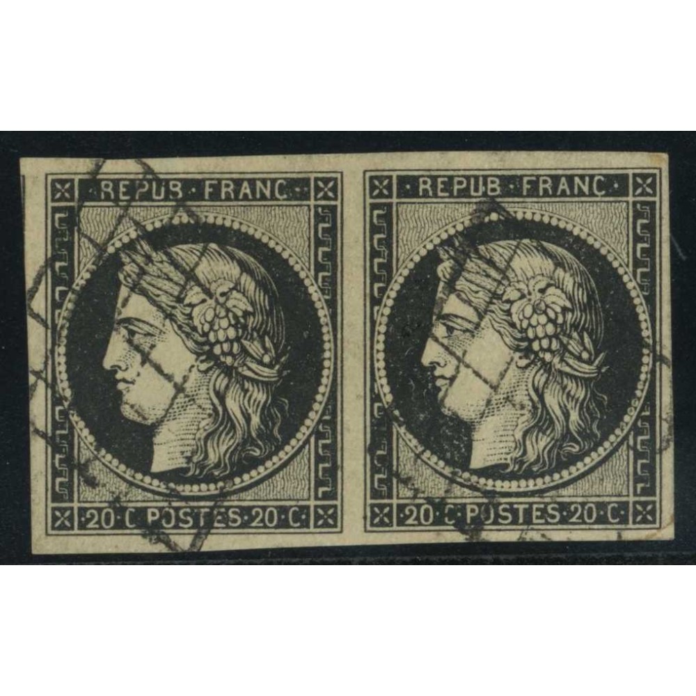 YT 3 - Oblitéré Grille - Paire - Signé Brun