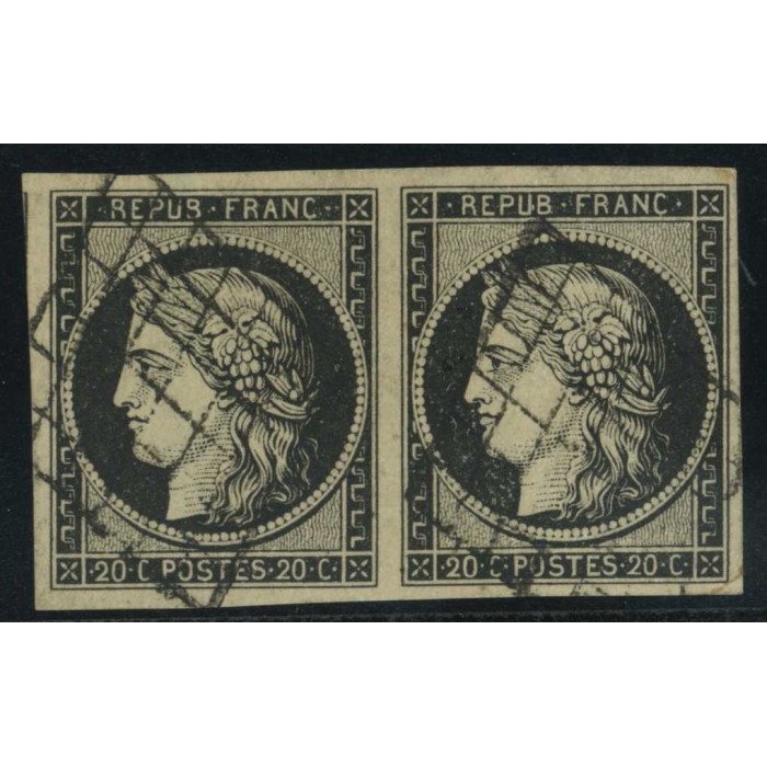 YT 3 - Oblitéré Grille - Paire - Signé Brun