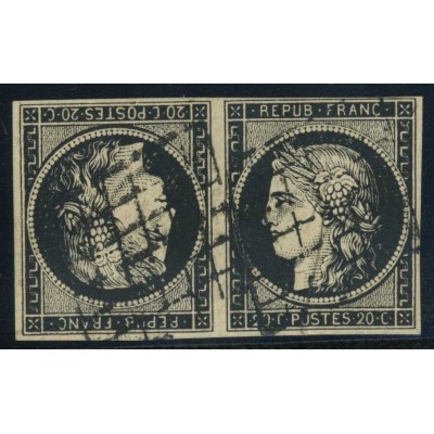 YT 3e - Oblitéré Grille - Tête Bêche - Paire - Signé Scheller - Certificat VO 33/70