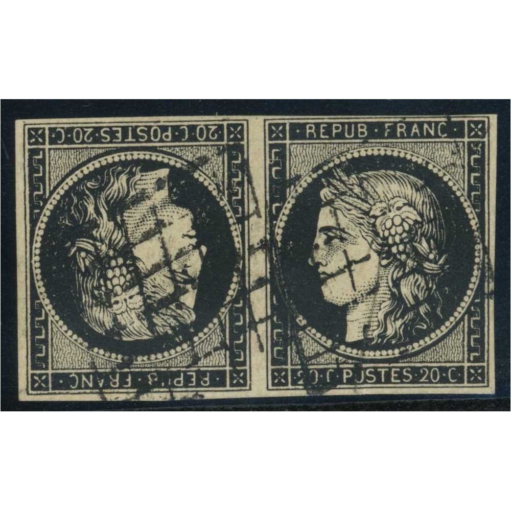 YT 3e - Oblitéré Grille - Tête Bêche - Paire - Signé Scheller - Certificat VO 33/70