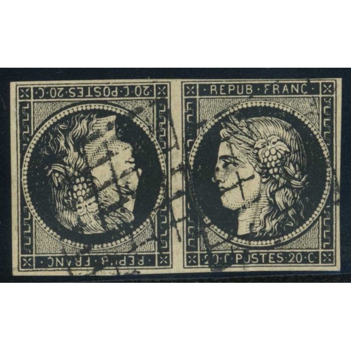 YT 3e - Oblitéré Grille - Tête Bêche - Paire - Signé Scheller - Certificat VO 33/70