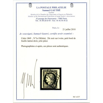 YT 3 - Oblitéré Grille - Signé Certificat VO 2/27