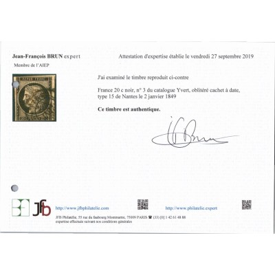 YT 3 - Oblitéré Cachet à Date du 2 Janv 49 - Signé Certificat Brun