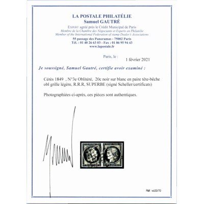 YT 3e - Oblitéré Grille - Tête Bêche - Paire - Signé Scheller - Certificat VO 33/70