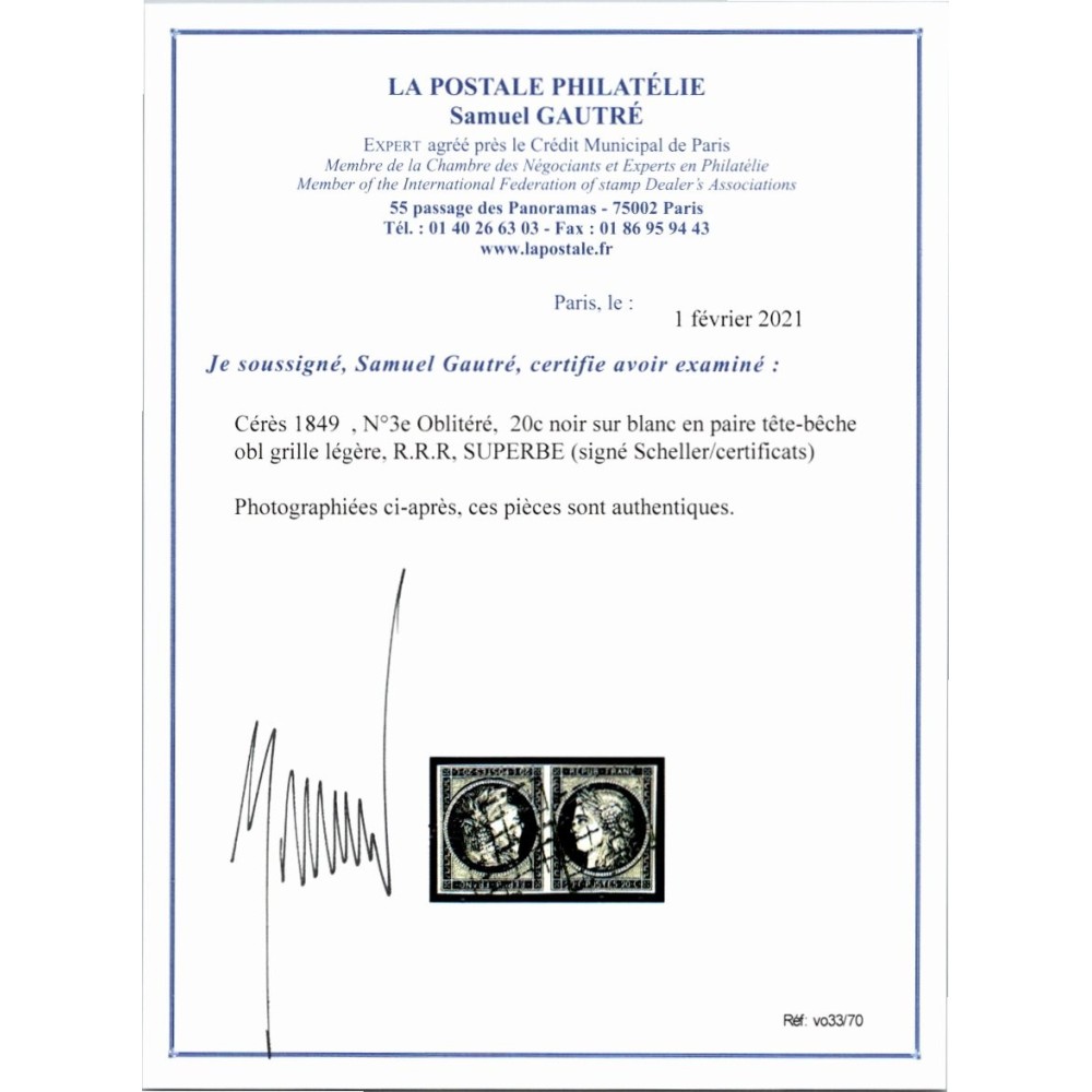 YT 3e - Oblitéré Grille - Tête Bêche - Paire - Signé Scheller - Certificat VO 33/70