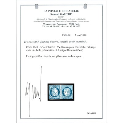 YT 4c - Oblitéré - Tête Bêche - Signé Brun - Certificat VO 23/78