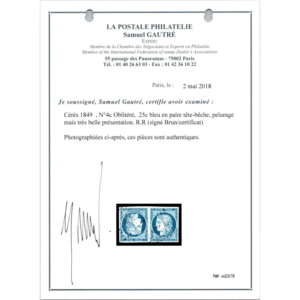 YT 4c - Oblitéré - Tête Bêche - Signé Brun - Certificat VO 23/78