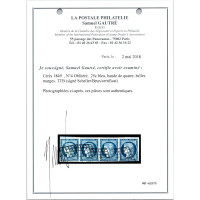 YT 4 - Oblitéré Grille - Signé Scheller / Brun - Bande de 4 - Certificat VO 23/75