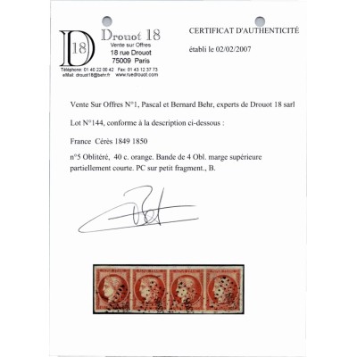 YT 5 - PC 3398 - Tours - Indre et Loire (36) - Bande de 4 - Certificat Drouot
