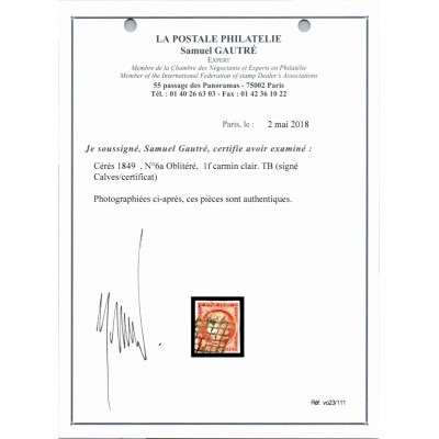 YT 6A - Oblitéré Grille - Signé Calves - Certificat VO 23/111