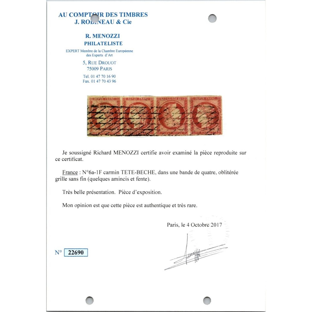 YT 6e - Oblitéré Grille sans fin - Tête Bêche - Signé Calves / Brun - Certificat 23/123 - 15386 - 22690