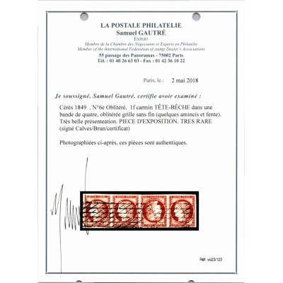 YT 6e - Oblitéré Grille sans fin - Tête Bêche - Signé Calves / Brun - Certificat 23/123 - 15386 - 22690