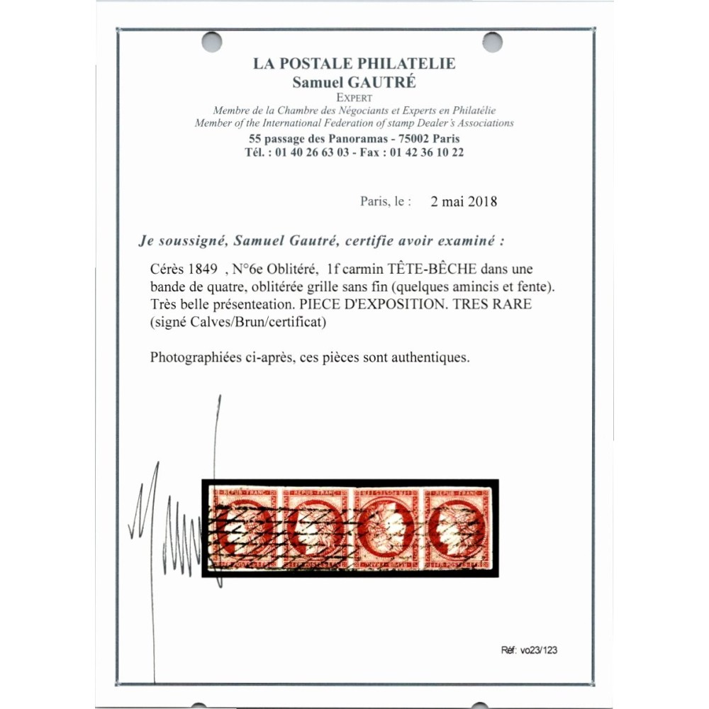 YT 6e - Oblitéré Grille sans fin - Tête Bêche - Signé Calves / Brun - Certificat 23/123 - 15386 - 22690